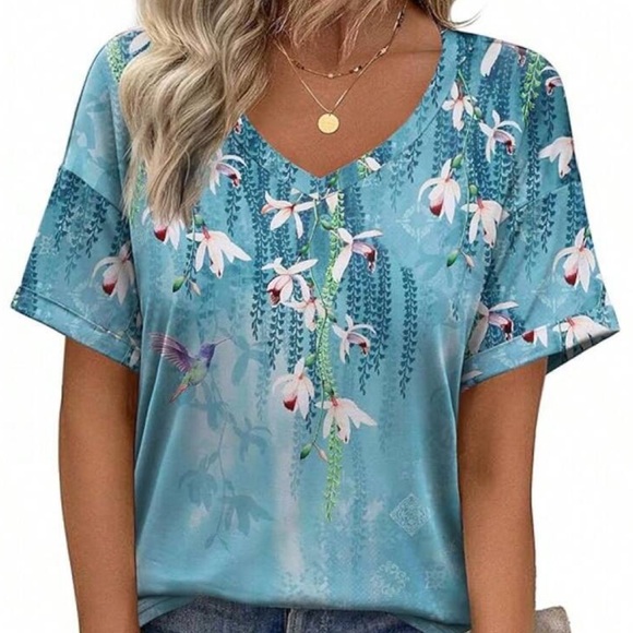 no brand Tops - Hummingbird Floral Graphic Print V-Neck T-Shirt Short Sleeve Blue Pink White 2XL